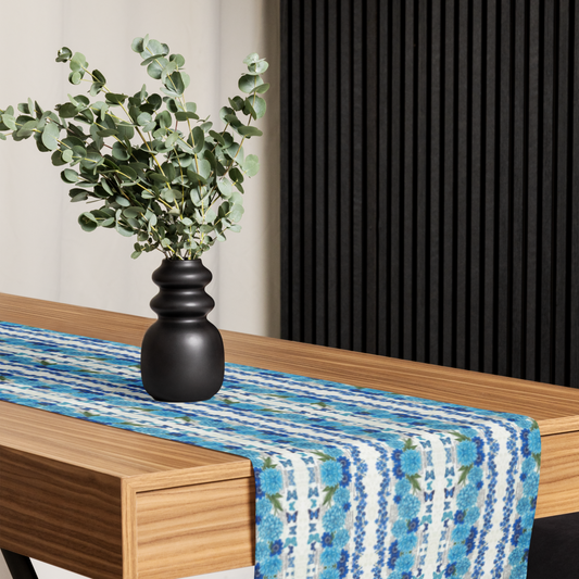 Azure Bloom Table Runner – Mediterranean Elegance
